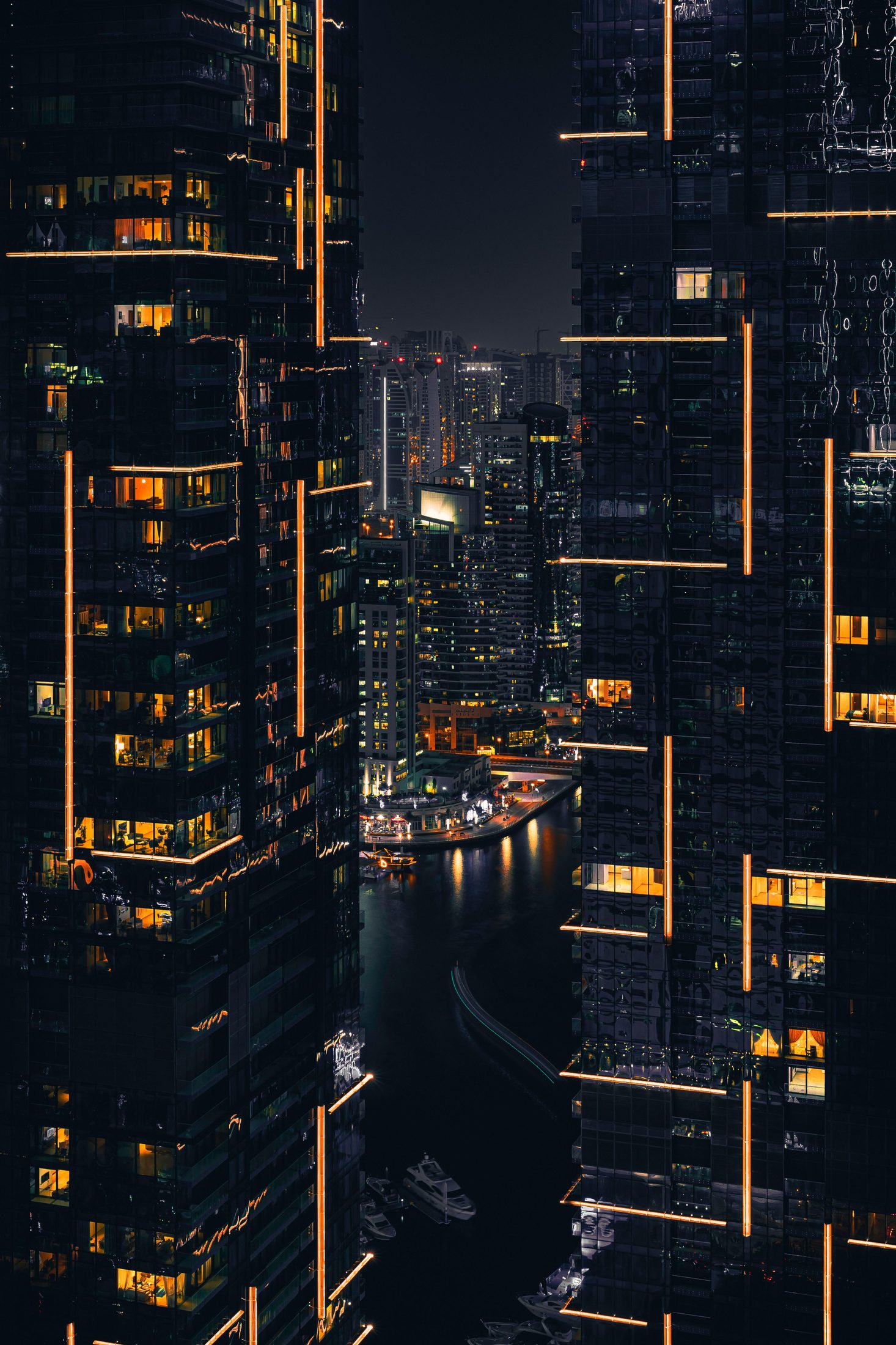 Illuminated urban business district at night